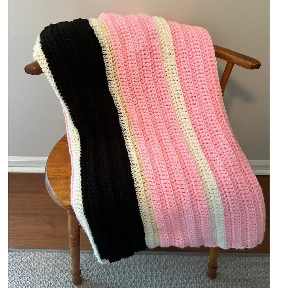 Handmade Knit Crochet Afghan Blanket Neopolitan Pink Cream Black 44